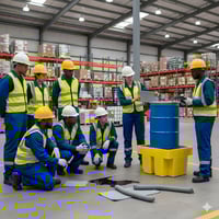 A team of warehouse workers in safety gear receiving hands-on training for cleaning up a liquid leak using a chemical spill kit and absorbent materials.